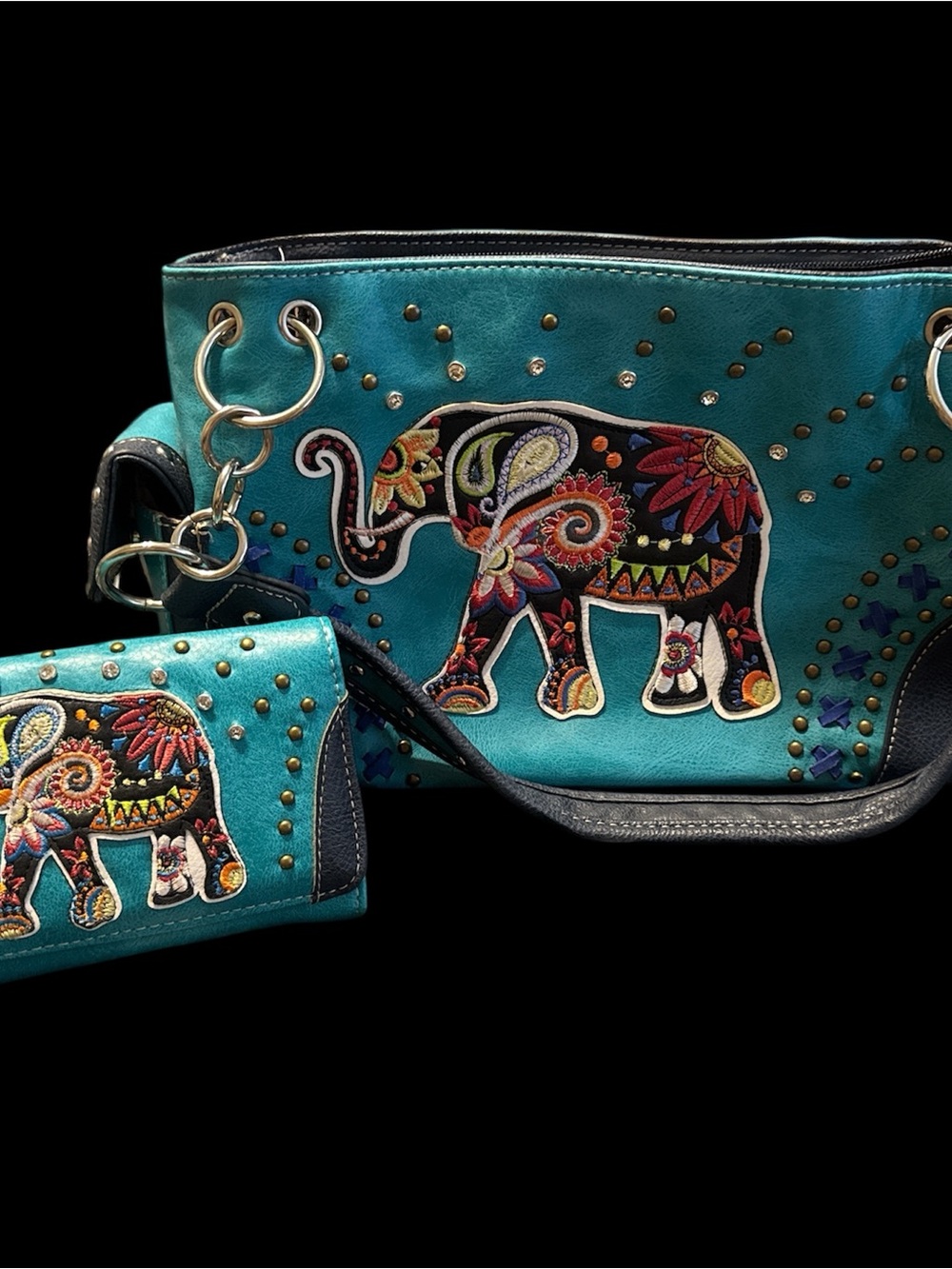 Concealed carry, Turquoise Embroidered Elephant Tote and Wallet Set - Women Bags